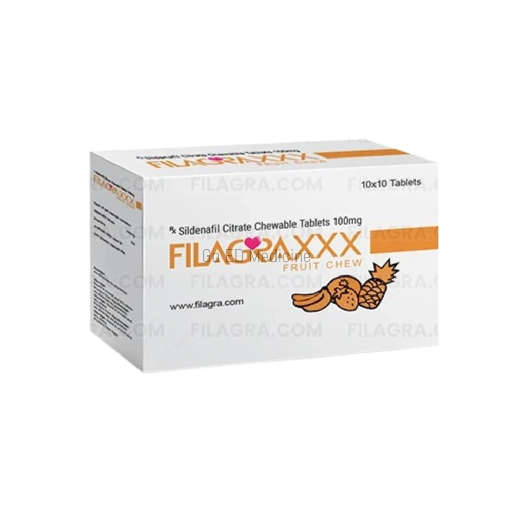 Filagra XXX Fruit Chew 100mg Tablets 1 Filagra XXX Fruit Chew 100 Box Image